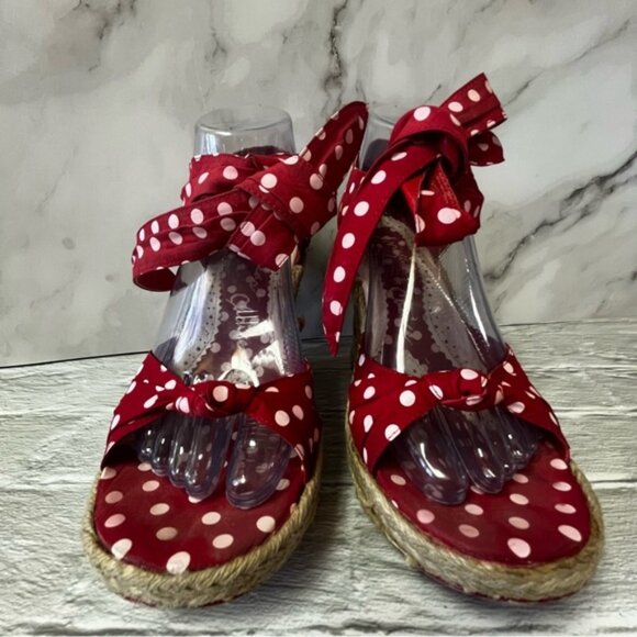 Irregular Choice “Diplo Cheesecake” Polka Dot Jute Espadrille Wedge Heels - Picture 1 of 16